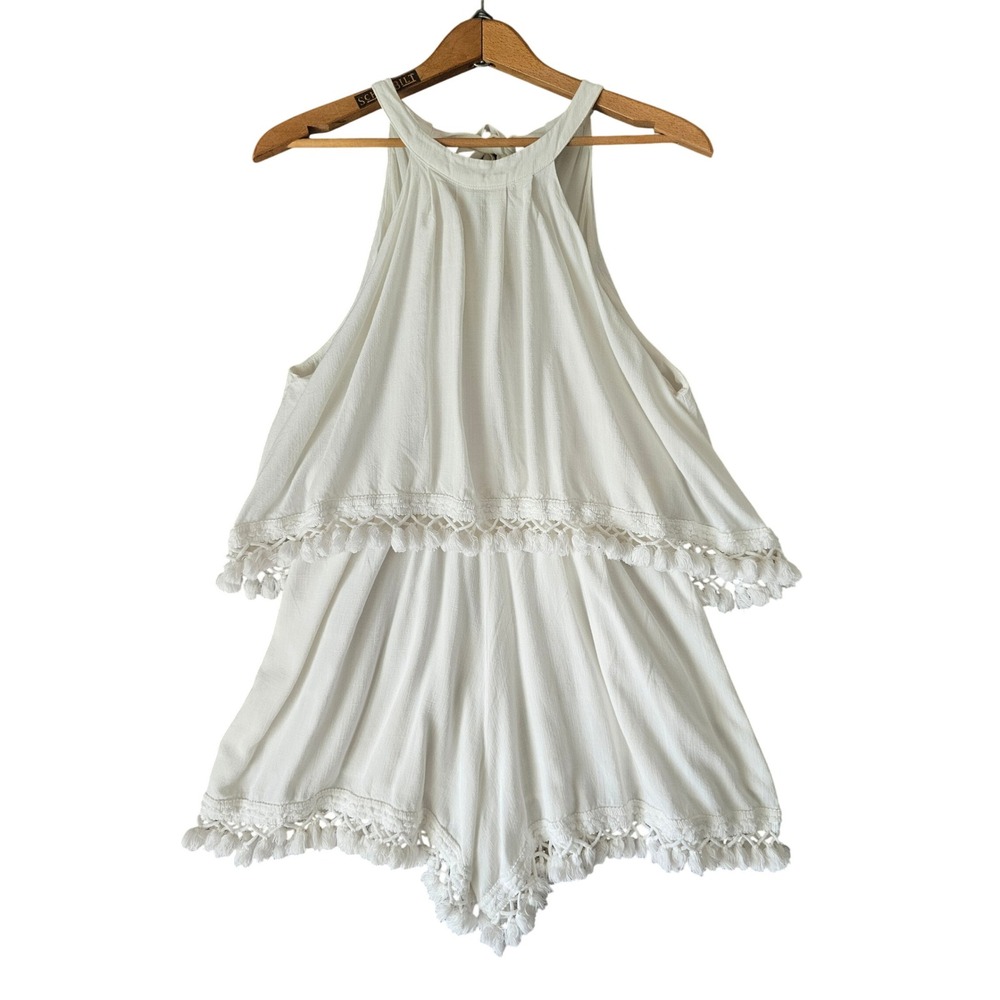 Style Rack Romper White Sleeveless Tassel Trim‎ Halter Neck L